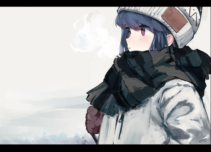 1girl absurdres beanie blue_hair breath brown_gloves gloves hat highres jacket leadin_the_sky letterboxed looking_away multicolored_clothes multicolored_scarf open_mouth scarf shima_rin solo upper_body violet_eyes white_jacket winter_clothes yurucamp zipper