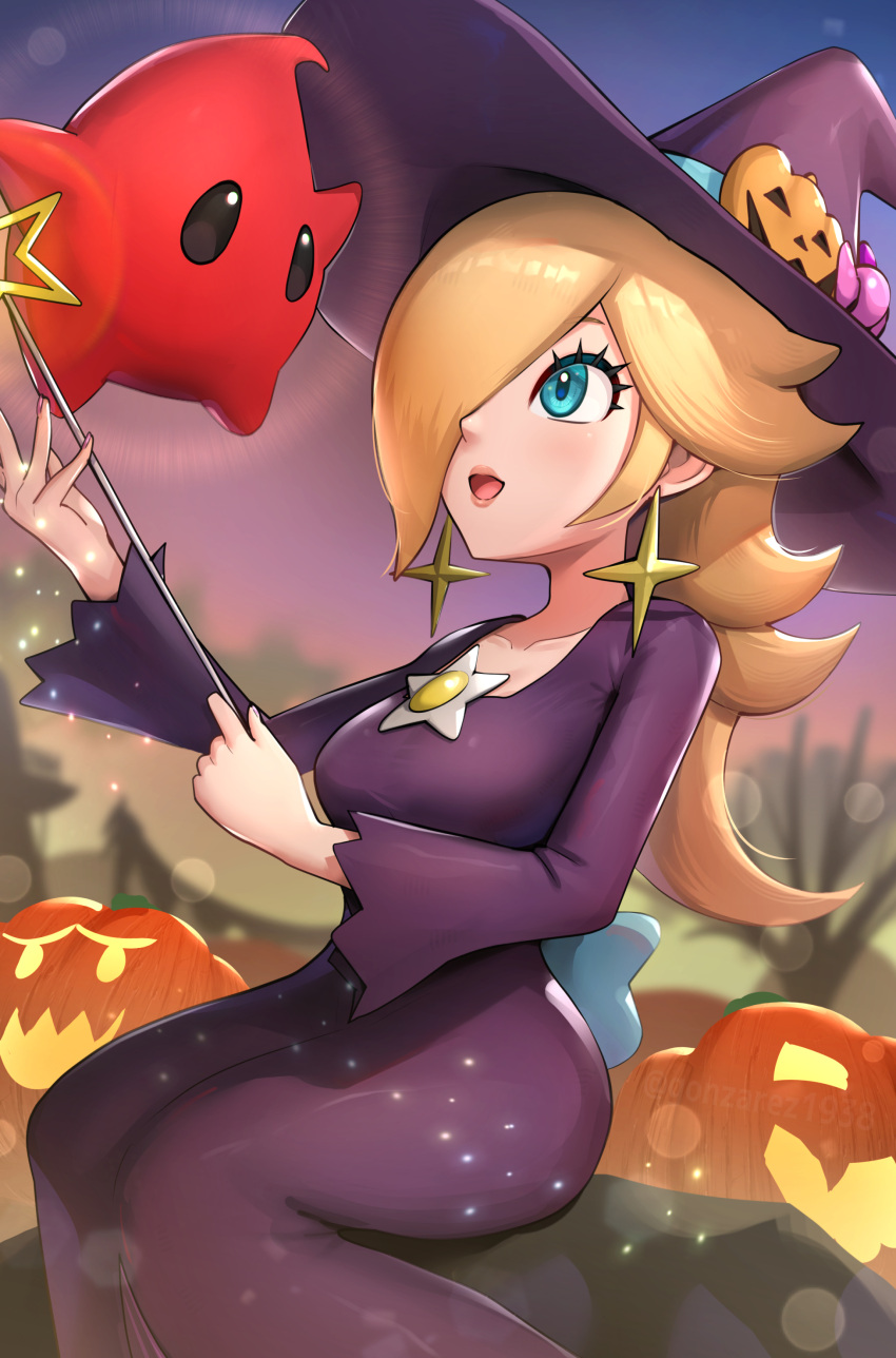 1girl absurdres blonde_hair blue_eyes blurry blurry_background brooch collarbone dress earrings gonzarez hair_over_one_eye halloween halloween_costume hat highres holding holding_wand jack-o'-lantern jack-o'-lantern_hat_ornament jewelry long_sleeves luma_(mario) mario_kart mario_kart_tour official_alternate_costume open_mouth pumpkin purple_dress purple_headwear rosalina star_(symbol) star_earrings super_mario_bros. tree twitter_username wand witch_hat