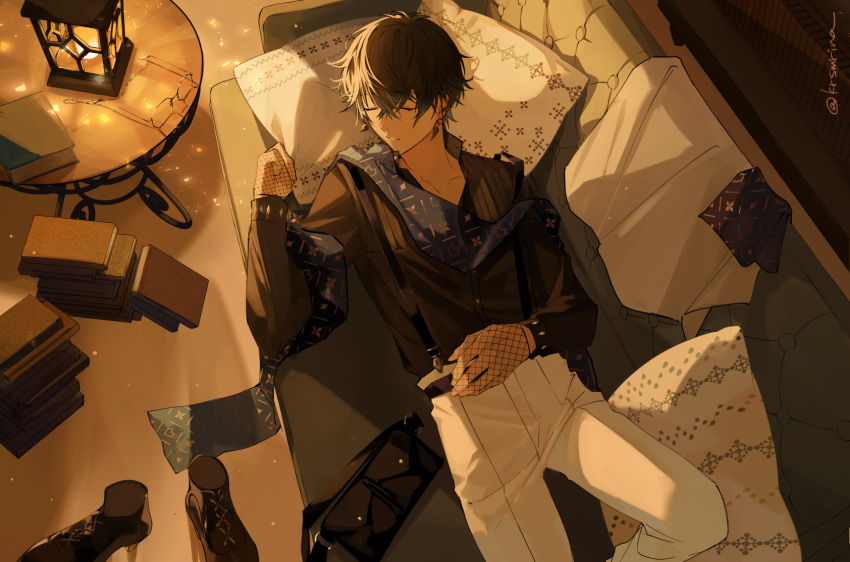 1boy book closed_eyes couch earrings eyewear_removed fishnet_gloves fishnets glasses gloves highres ike_eveland jewelry lying male_focus nijisanji nijisanji_en on_back on_couch open_mouth parted_lips pillow serisawa short_hair sleeping