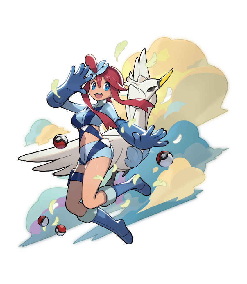 1girl absurdres bangs blue_eyes blue_footwear blue_gloves blue_shorts boots breasts commentary gloves hair_ornament highres large_breasts long_hair looking_at_viewer midriff navel official_art open_mouth pilot pokemon pokemon_(creature) pokemon_(game) pokemon_bw redhead saitou_naoki short_hair_with_long_locks short_shorts shorts sidelocks skyla_(pokemon) smile swanna symbol-only_commentary