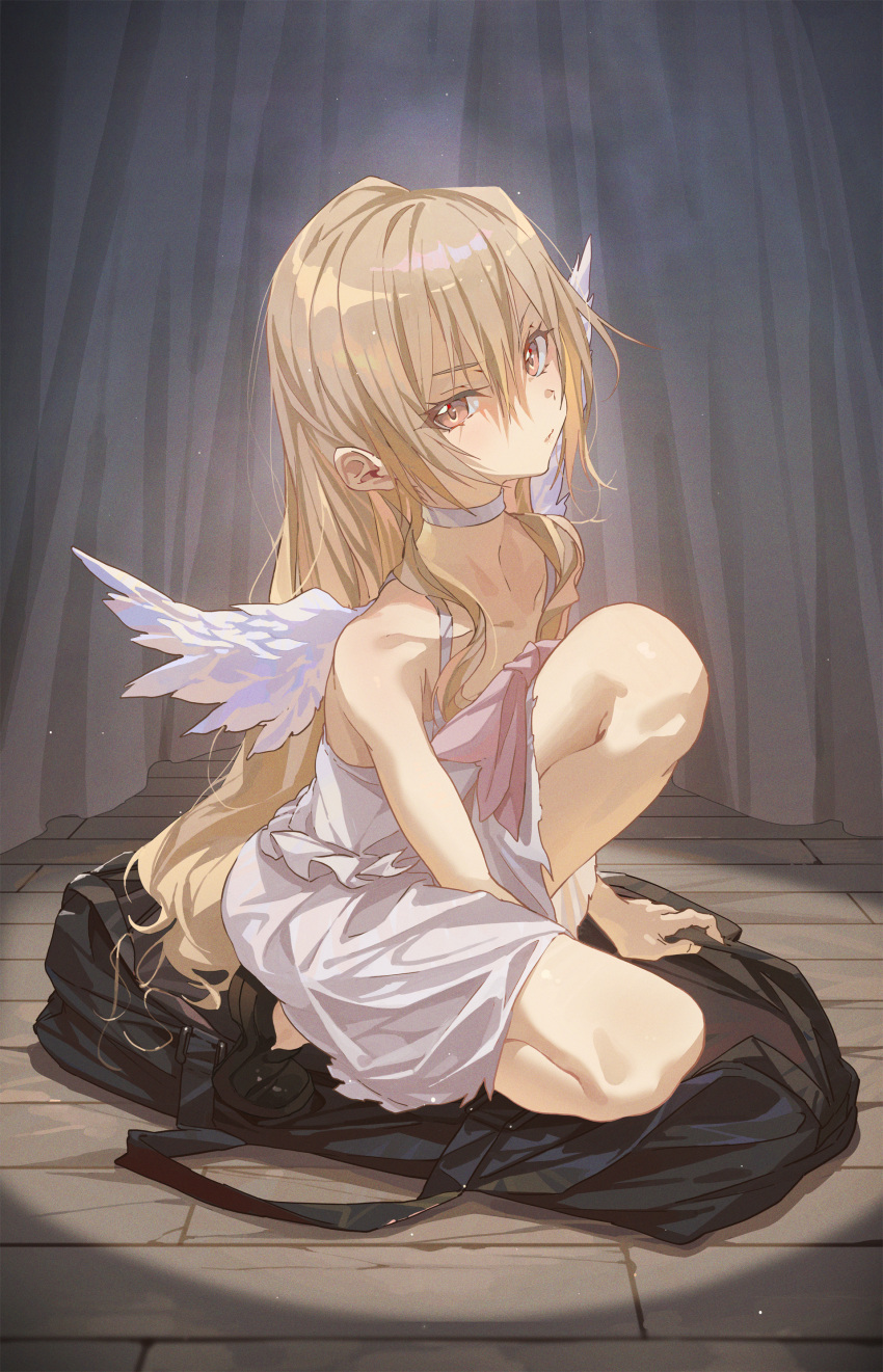 &gt;:( 1girl absurdres aisaka_taiga angel_wings annoyed bangs bare_shoulders between_legs black_bag blonde_hair choker closed_mouth collarbone curtains dress glowing hand_between_legs hand_on_floor highres hxxg knee_up long_hair looking_at_viewer sitting solo spotlight toradora! v-shaped_eyebrows white_choker white_dress wings wooden_floor yellow_eyes