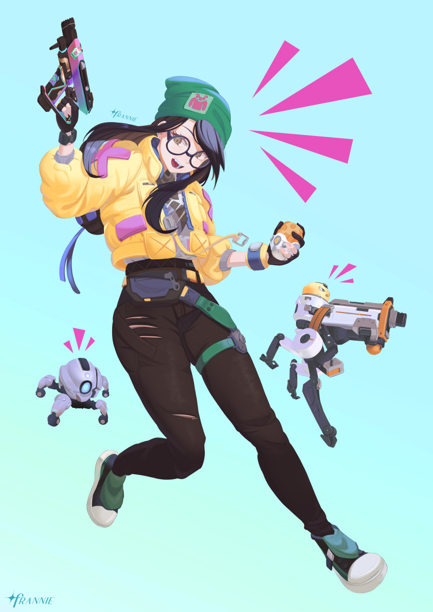 1girl :d absurdres aqua_background beanie black_gloves black_hair black_pants brown_eyes explosive fang franniexo full_body gloves grenade gun hat high-waist_pants highres holding holding_grenade holding_gun holding_weapon jacket killjoy_(valorant) long_hair looking_at_viewer midair open_mouth pants partially_fingerless_gloves robot round_eyewear shoes simple_background smile sneakers solo torn_clothes torn_legwear valorant weapon yellow_jacket