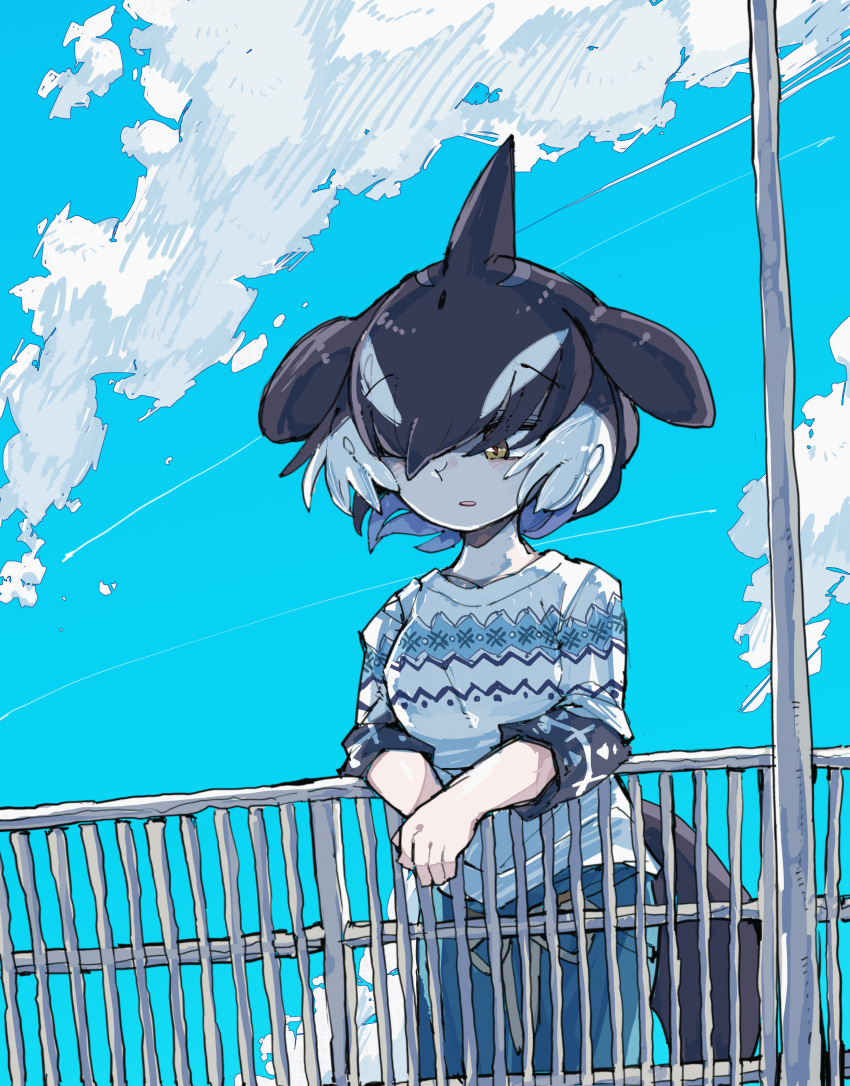 1girl absurdres alternate_costume arm_rest bangs black_hair blowhole blue_hair casual cetacean_tail clouds contemporary day dorsal_fin floating_hair hair_over_one_eye head_fins highres kanmoku-san kemono_friends long_sleeves looking_down multicolored_hair orca_(kemono_friends) outdoors pants parted_bangs parted_lips railing sky solo sweater tail white_hair wind yellow_eyes