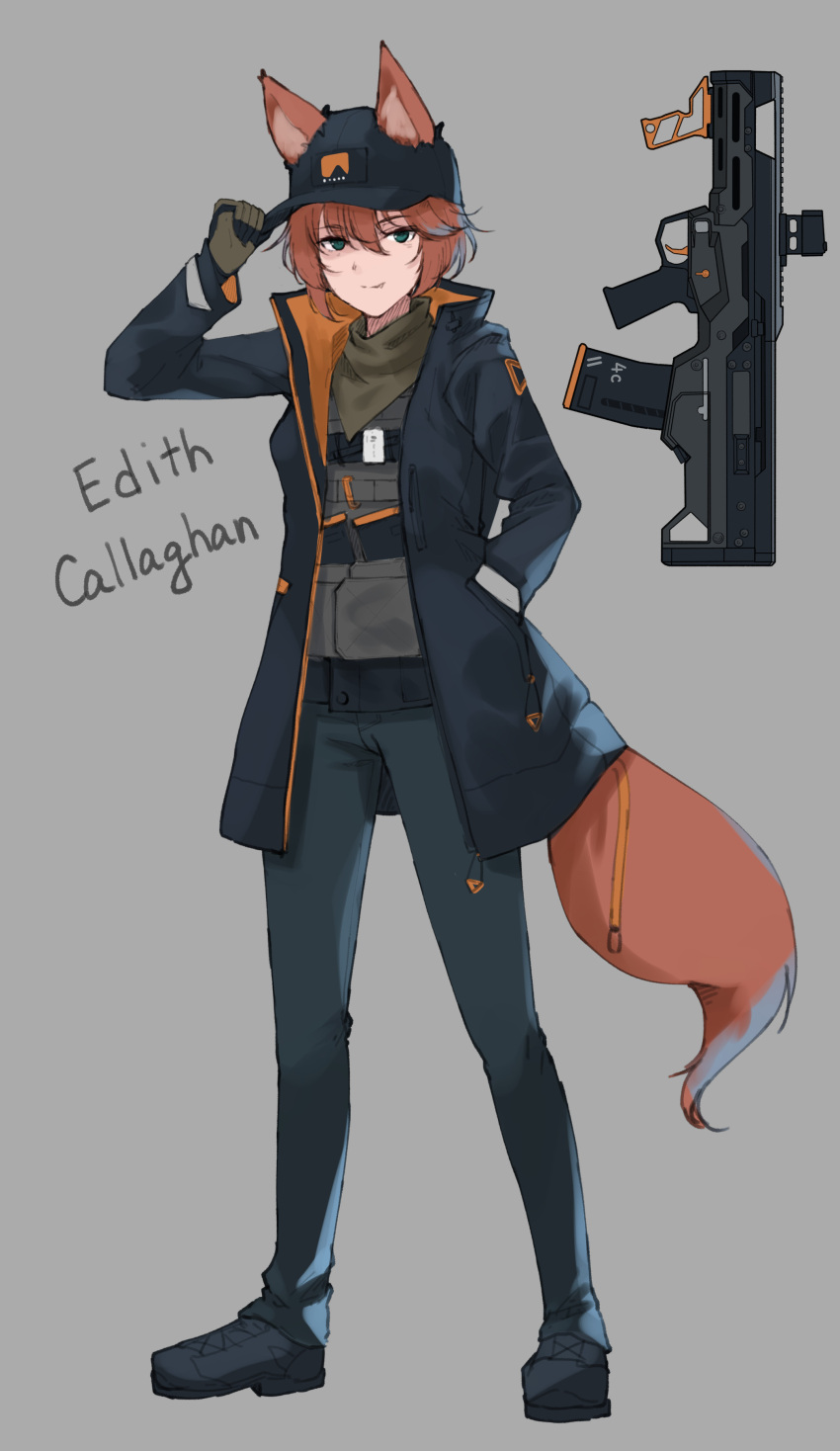 1girl absurdres animal_ears assault_rifle bangs baseball_cap black_footwear blue_eyes blue_jacket blue_pants bullpup character_name closed_mouth dreadtie edith_connie_callaghan fox_ears fox_girl fox_tail gloves grey_background grey_gloves grey_shirt gun hand_in_pocket hat highres jacket long_sleeves looking_at_viewer magazine_(weapon) open_clothes open_jacket orange_hair original pants rifle shirt short_hair simple_background smile solo standing tail weapon