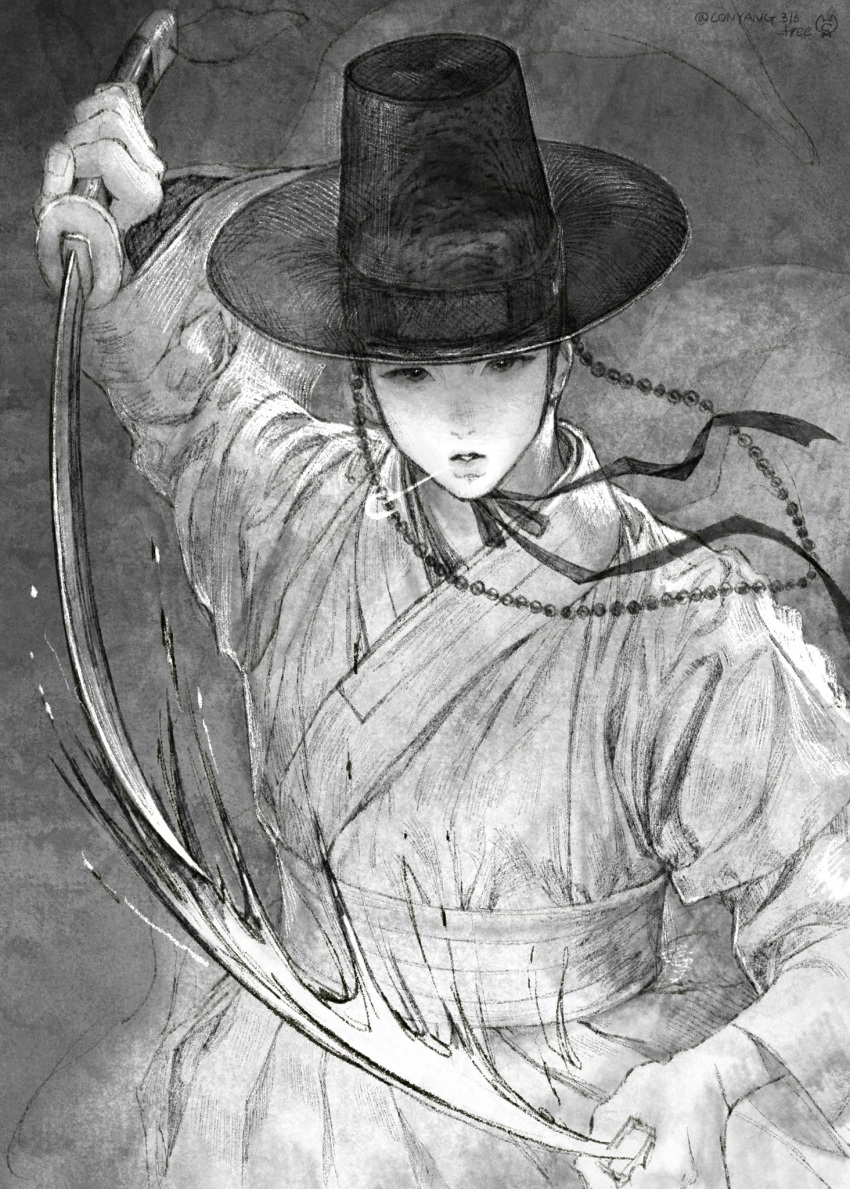 1boy animal_ears arm_up beads breath chin_strap clash conyang_316 greyscale hanbok hat highres holding holding_sheath korean_clothes korean_commentary long_sleeves looking_at_viewer male_focus monochrome original parted_lips sheath solo twitter_username unsheathing upper_body