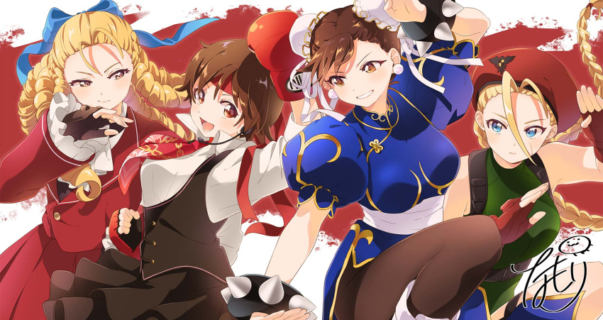 4girls :d antenna_hair ascot bangs bare_shoulders beret blonde_hair blue_eyes bow bracelet braid brown_eyes brown_hair cammy_white china_dress chinese_clothes chun-li cowboy_shot double_bun dress earrings eyelashes fighting_stance frills gloves grin hair_bow hair_bun hat headband highres jewelry kanzuki_karin kasugano_sakura leotard long_hair looking_at_another microphone multiple_girls namori official_art pantyhose red_ascot red_headband ringlets scar short_hair signature smile smirk spiked_bracelet spikes street_fighter street_fighter_v twin_braids v-shaped_eyebrows