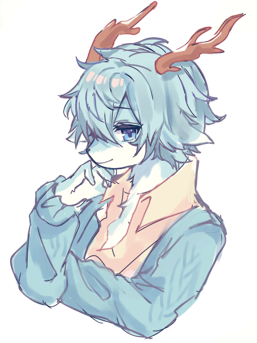 1other androgynous animal_ears animal_nose antlers aqua_cardigan aqua_fur aqua_hair bangs blue_eyes body_fur cardigan closed_mouth collared_shirt commentary_request deer_ears furry hair_over_one_eye hand_to_own_mouth hand_up happy highres korean_commentary long_sleeves looking_at_viewer one_eye_covered open_cardigan open_clothes original other_focus sami_(yaonga797) shiny shiny_hair shirt short_hair simple_background sketch smile snout solo two-tone_fur upper_body white_background white_fur yellow_shirt