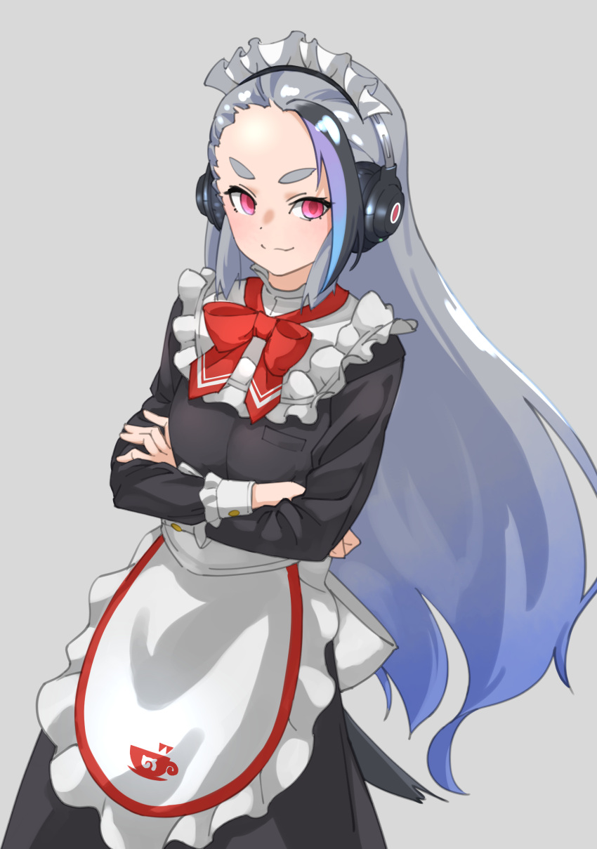 1girl absurdres apron back_bow black_dress black_hair blue_hair bow bowtie collar commentary cowboy_shot crossed_arms dress empty_eyes forehead frilled_apron frilled_collar frilled_sleeves frills giant_penguin_(kemono_friends) gradient_hair grey_background grey_hair headphones high_collar highres japari_symbol kemono_friends kemono_friends_3 long_dress long_hair long_sleeves looking_at_viewer maid maid_headdress multicolored_hair official_alternate_costume penguin_girl purple_hair red_bow red_bowtie red_eyes simple_background sleeve_cuffs solo tanabe_(fueisei) very_long_hair waist_apron white_apron