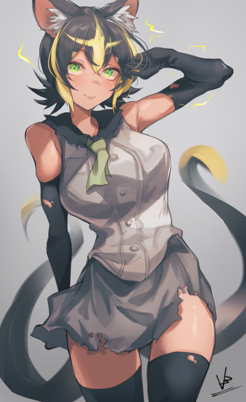 1girl absurdres animal_ear_fluff animal_ears arm_at_side arm_up bangs bare_shoulders black_gloves black_hair black_thighhighs blonde_hair closed_mouth collared_shirt cowboy_shot electricity gloves green_eyes grey_shirt grey_skirt hair_between_eyes highres iparupua kemono_friends lips looking_at_viewer medium_hair miniskirt multicolored_hair multiple_tails necktie parted_bangs raijuu_(kemono_friends) shirt skirt sleeveless sleeveless_shirt smile solo tail tan thigh-highs torn_clothes torn_gloves torn_legwear torn_skirt two-tone_hair two_tails zettai_ryouiki