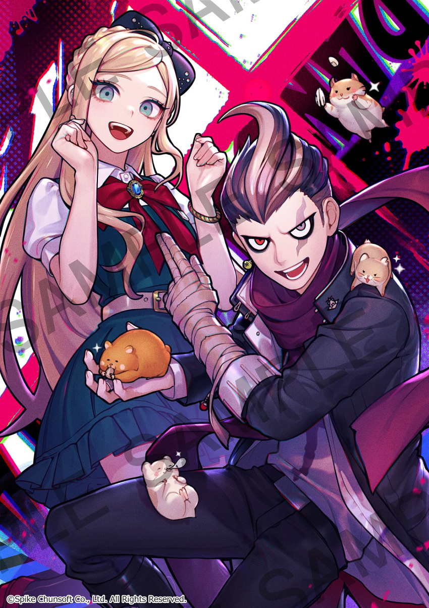 1boy 1girl :d animal bangs belt black_belt black_bow black_footwear black_hair black_jacket black_pants blonde_hair boots bow bowtie bracelet braid cham-p collared_shirt danganronpa_(series) danganronpa_2:_goodbye_despair dress gem green_dress grey_belt grey_eyes grey_hair hair_bow hamster hands_up happy heterochromia highres jacket jewelry jum-p knee_boots loalo long_hair maga-g multicolored_hair open_clothes open_jacket open_mouth pants print_shirt red_bow red_bowtie red_eyes red_scarf scarf shirt short_hair smile sonia_nevermind sun-d tanaka_gandamu teeth two-tone_hair upper_teeth white_shirt