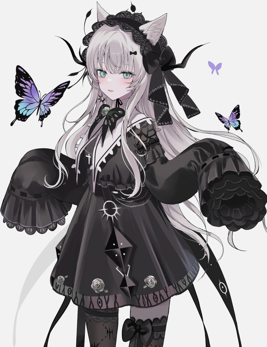 1girl animal_ears blush bow bug butterfly chiemo_(xcem) closed_mouth dress flower green_eyes hair_bun hair_ornament highres long_hair long_sleeves looking_at_viewer original ribbon simple_background skirt solo thigh-highs white_hair