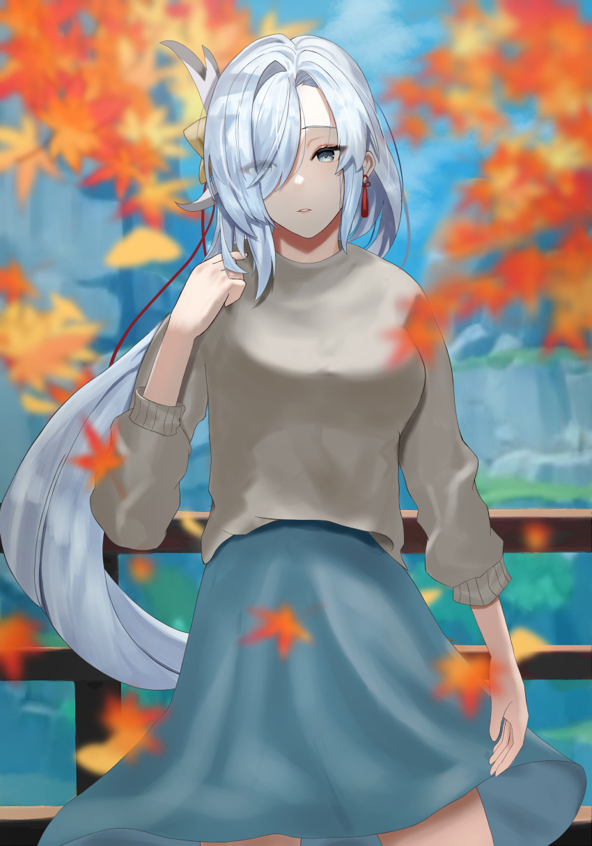 1girl absurdres autumn_leaves bangs blue_hair eyebrows_hidden_by_hair falling_leaves fence genshin_impact green_eyes gusa hair_over_one_eye hairband highres leaf long_hair looking_at_viewer maple_leaf open_mouth outdoors pony shenhe_(genshin_impact) skirt solo sweater