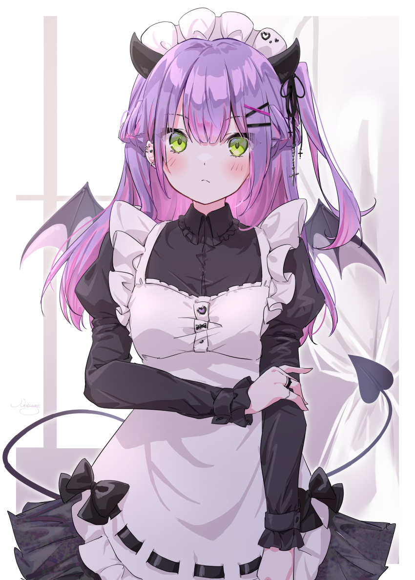 absurdres apron blush choker colored_inner_hair demon_girl demon_tail ear_piercing fake_horns green_eyes hair_ornament hairclip highres holding holding_weapon hololive horned_headwear horns industrial_piercing jewelry long_hair looking_at_viewer maid maid_apron maid_headdress multicolored_hair nut_megu o-ring o-ring_choker piercing pink_hair pointy_ears purple_hair ring streaked_hair tail tail_ornament tokoyami_towa twintails weapon