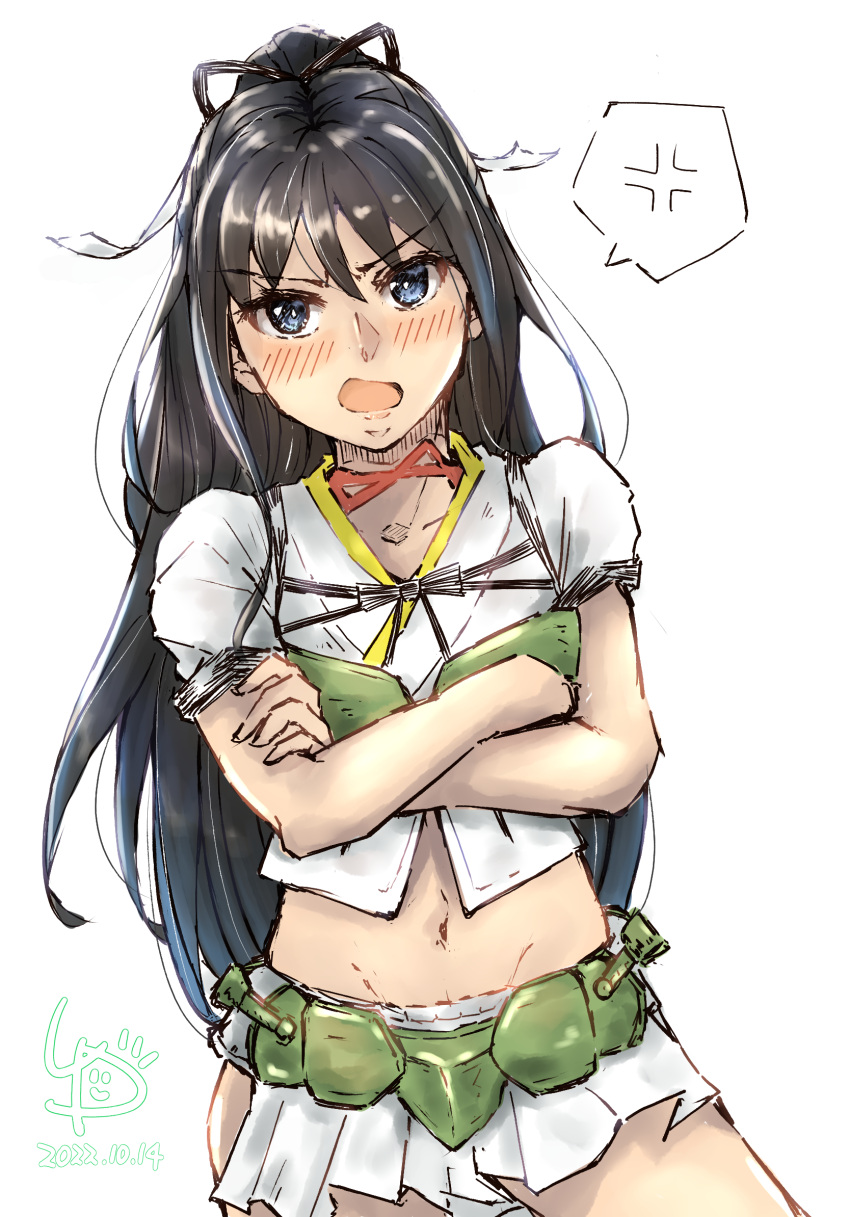 1girl anger_vein black_hair blue_eyes commentary_request cowboy_shot crossed_arms groin hair_ribbon highres kantai_collection katsuragi_(kancolle) ld_(luna_dial398) long_hair looking_at_viewer midriff muneate navel one-hour_drawing_challenge pleated_skirt ponytail ribbon shirt simple_background skirt solo spoken_anger_vein white_background white_ribbon white_shirt white_skirt