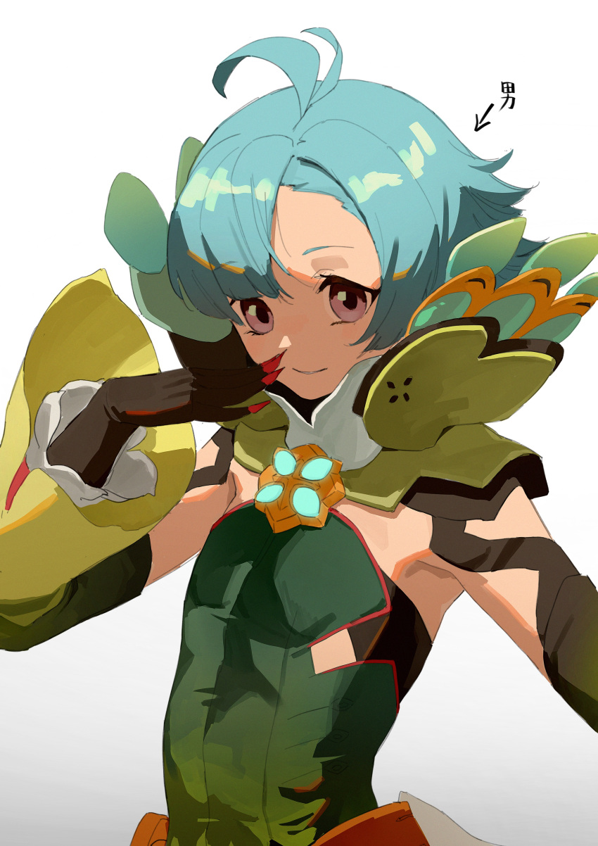 1boy absurdres ahoge bangs bare_shoulders black_gloves closed_mouth floren_(xenoblade) gloves green_hair green_leotard green_sleeves highres leotard looking_at_viewer otoko_no_ko pink_eyes rui_(rei_leyi) short_hair smile solo upper_body white_background xenoblade_chronicles_(series) xenoblade_chronicles_2