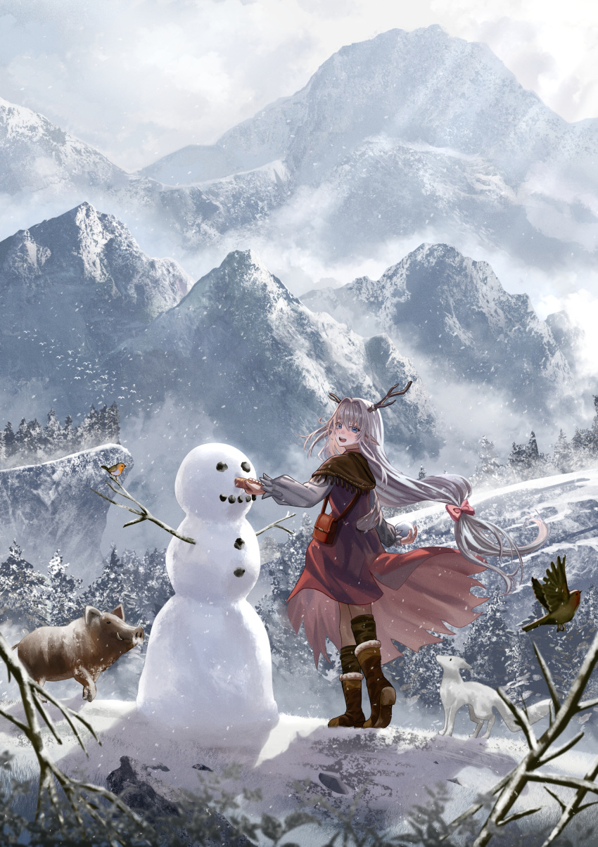 1girl :d absurdres antlers bag bird blue_eyes boar boots bow brown_footwear brown_scarf dress from_behind fur-trimmed_boots fur_trim grey_hair hair_between_eyes hair_bow highres holding_snowball long_hair long_sleeves looking_at_viewer looking_back mountain original outdoors pointy_ears red_bow red_dress scarf scenery shoulder_bag silvertsuki smile snowball snowing snowman tail winter