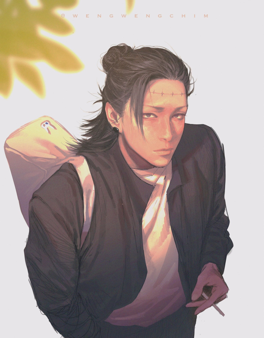 1boy bag black_hair cigarette ear_piercing getou_suguru grass highres holding holding_cigarette jacket jujutsu_kaisen long_hair looking_at_viewer looking_up piercing shirt shoulder_bag simple_background single_sidelock solo stitched_face stitches topknot twitter_username wengwengchim white_background white_shirt