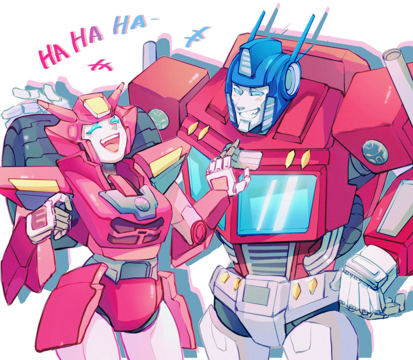 1boy 1girl :d ^_^ autobot blue_eyes blush closed_eyes elita_one english_commentary hand_on_another's_chest highres laughing mecha optimus_prime robot science_fiction shisan_wei smile transformers transformers:_earth_spark wheel white_background windshield