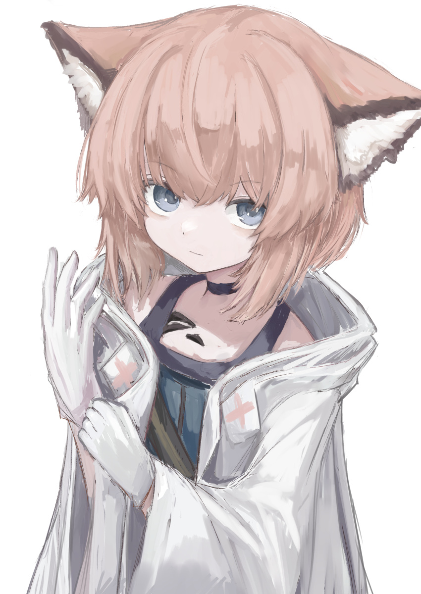 1girl absurdres animal_ear_fluff animal_ears arknights bangs black_choker blue_eyes blue_shirt brown_hair choker closed_mouth gloves hair_between_eyes hands_up highres jacket looking_at_viewer open_clothes open_jacket oripathy_lesion_(arknights) piennamekuzi shirt simple_background solo sussurro_(arknights) white_background white_gloves white_jacket