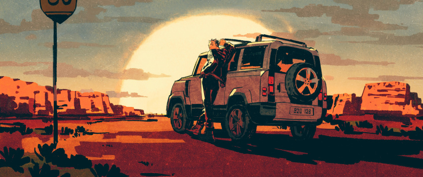 1boy absurdres arm_up black_hair black_pants bokuto_koutarou car chengongzi123 crossed_legs from_behind ground_vehicle haikyuu!! highres jacket leaning_to_the_side limited_palette looking_at_viewer male_focus motor_vehicle multicolored_hair outdoors pants road shoes short_hair sky solo spiky_hair streaked_hair sun sunset traffic_light twilight two-tone_hair white_hair wide_shot