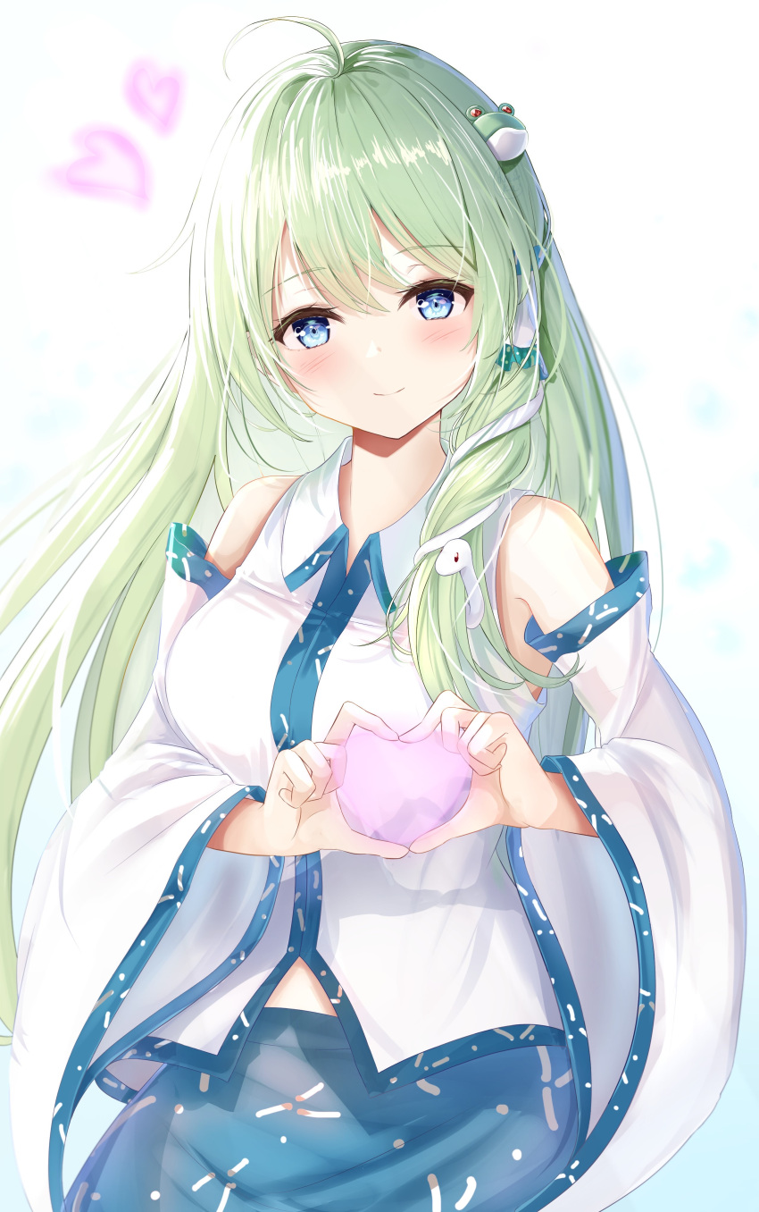 1girl absurdres ahoge bare_shoulders blue_eyes blue_skirt blush closed_mouth detached_sleeves frog_hair_ornament green_hair hair_between_eyes hair_ornament hair_tubes heart heart_hands highres japanese_clothes kochiya_sanae long_hair niko_kusa nontraditional_miko skirt smile snake_hair_ornament solo touhou upper_body white_sleeves wide_sleeves