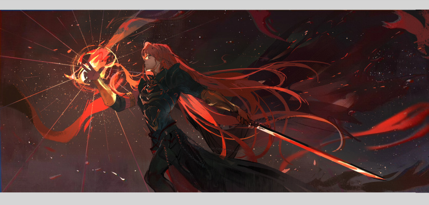 1boy absurdres arm_up armor bangs black_armor cape dark embers fire full_armor highres holding holding_sword holding_weapon long_hair looking_at_viewer looking_down lord_of_the_mysteries medici_(lord_of_the_mysteries) nayannayan red_cape redhead solo sword weapon