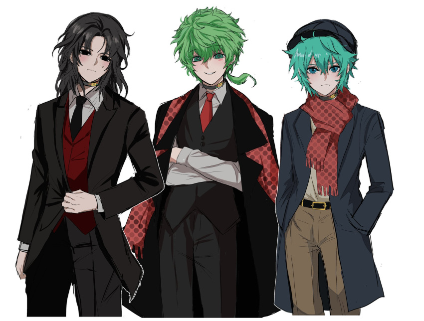 3boys adapted_costume aqua_eyes aqua_hair bangs belt black_belt black_coat black_eyes black_hair black_headwear black_necktie black_pants black_vest blue_coat blush brown_pants closed_mouth coat collar collared_shirt cowboy_shot crossed_arms fringe_trim frown green_eyes green_hair grin hair_between_eyes hands_in_pockets hat highres hiyori_sou jacob_l221 kimi_ga_shine long_sleeves looking_at_viewer low_ponytails male_focus medium_hair messy_hair midori_(kimi_ga_shine) multiple_boys necktie outline pants parted_lips polka_dot polka_dot_scarf red_necktie red_scarf red_vest satou_kai scarf shirt short_hair simple_background smile spiky_hair sweat v-shaped_eyebrows vest white_background white_outline white_shirt
