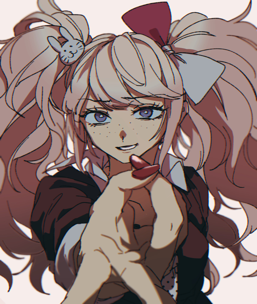 1girl bangs blonde_hair bow cosplay danganronpa:_trigger_happy_havoc danganronpa_(series) enoshima_junko enoshima_junko_(cosplay) freckles hair_bow hair_ornament highres ikusaba_mukuro long_hair mi_cha_iru nail_polish rabbit_hair_ornament red_bow red_nails simple_background smile solo teeth twintails two-tone_bow upper_body v violet_eyes