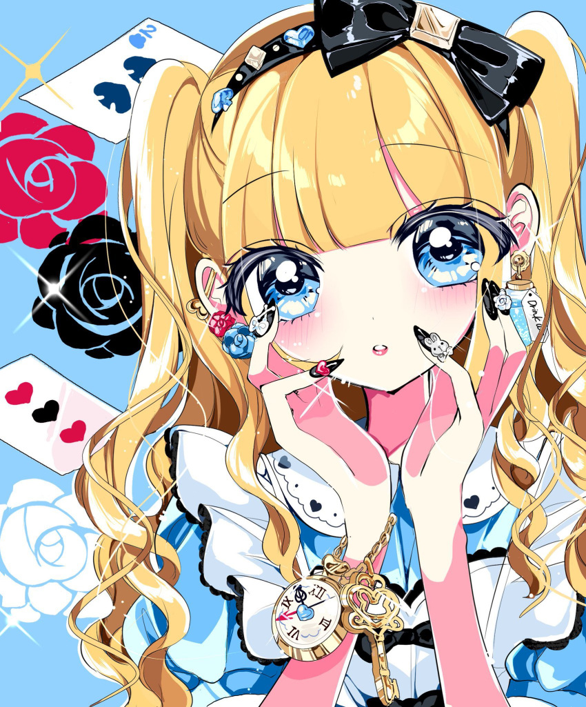 1girl alice_(alice_in_wonderland) alice_in_wonderland bangs blonde_hair blue_eyes blunt_ends blush bottle_earrings bow_hairband bracelet card collared_dress dress drink_me earrings fingernails flower flower_earrings hairband hands_on_own_cheeks hands_on_own_face head_tilt highres hitsujida industrial_piercing jewelry key long_fingernails long_hair mismatched_earrings nail_art nail_polish original parted_lips pinafore_dress playing_card pocket_watch puffy_short_sleeves puffy_sleeves rose short_sleeves solo sparkle twintails upper_body watch wavy_hair