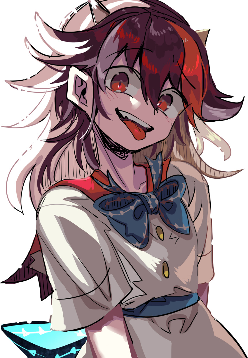 1girl absurdres asuku_(69-1-31) black_hair blue_bow blue_bowtie bow bowtie highres horns kijin_seija looking_at_viewer multicolored_hair open_mouth red_eyes redhead short_hair short_sleeves simple_background smile solo streaked_hair tongue tongue_out touhou upper_body white_background white_hair