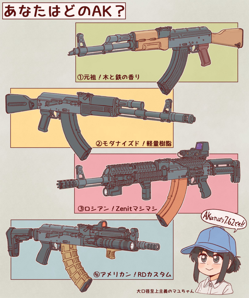 1girl ak-47 akm assault_rifle bangs baseball_cap black_hair blue_headwear bocchi-ya-nawi closed_mouth collared_shirt commentary_request cropped_torso dress_shirt grey_background grey_eyes gun hair_between_eyes hat highres kalashnikov_rifle original rifle shirt sidelocks smile solo translation_request upper_body weapon weapon_request white_shirt