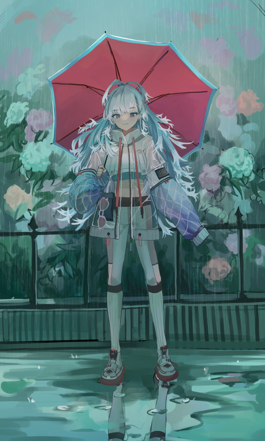 1girl absurdres crop_top cropped_hoodie dainillust flower full_body highres holding holding_umbrella hololive hololive_indonesia hood hoodie jacket kobo_kanaeru liquid_hair messy_hair midriff puddle rain raincoat reflection see-through see-through_jacket sleeves_past_fingers sleeves_past_wrists standing umbrella virtual_youtuber white_hoodie