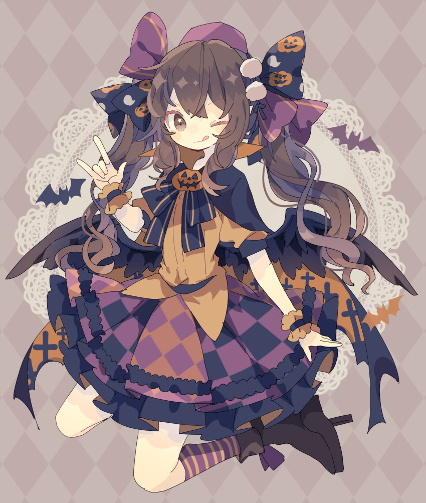1girl argyle argyle_background bird_wings black_footwear black_wings blush boots brown_eyes brown_hair checkered_clothes closed_mouth feathered_wings full_body hair_between_eyes halloween halloween_costume hat highres himekaidou_hatate kneehighs long_hair nikorashi-ka one_eye_closed pom_pom_(clothes) puffy_short_sleeves puffy_sleeves purple_headwear short_sleeves skirt smile socks solo striped striped_socks tongue tongue_out touhou twintails wings wrist_cuffs
