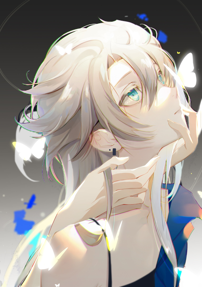 1boy absurdres albedo_(genshin_impact) aqua_eyes bishounen blonde_hair bug butterfly genshin_impact glowing_butterfly highres looking_at_another male_focus solo white_butterfly xiaohen236
