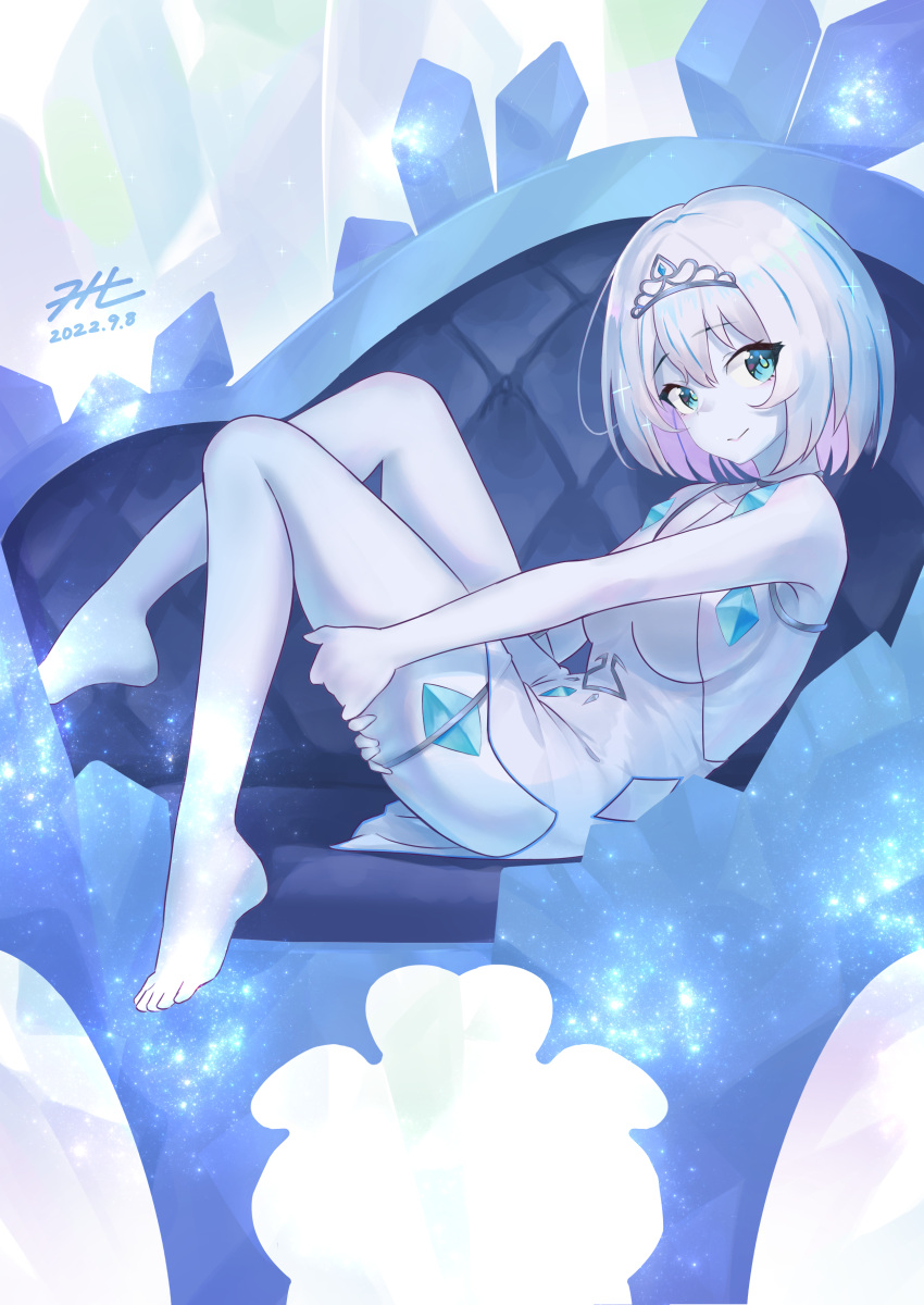 1girl absurdres aqua_eyes barefoot breasts colored_skin commission dated dress from_side full_body highres legs looking_at_viewer medium_breasts null_suke original pixiv_request short_dress signature solo tiara toes white_dress white_hair white_skin