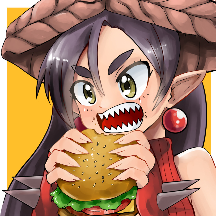 1girl black_hair burger cheese earrings eating fingerless_gloves fingernails food food_on_face gloves hat jewelry lettuce mythic_live nako_ryu open_mouth pointy_ears red_gloves sharp_fingernails sharp_teeth sleeveless sleeveless_turtleneck solo spiked_gloves spikes studiolg teeth thick_eyebrows tomato turtleneck virtual_youtuber yellow_eyes