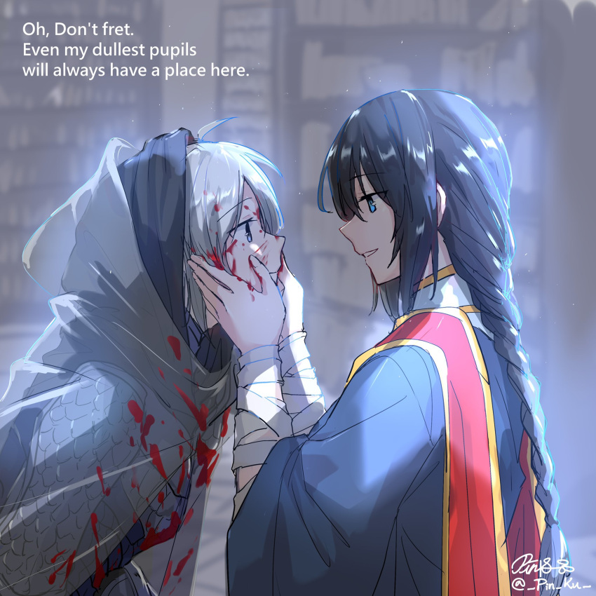 1boy 1girl ahoge bandaged_arm bandages black_hair black_knife_(elden_ring) blood blood_on_clothes blood_on_face blue_eyes blue_robe braid elden_ring grey_hair hand_on_own_chin hands_on_another's_cheeks hands_on_another's_face highres hood looking_at_another pin.s robe single_braid smile sorceress_sellen stroking_own_chin teacher_and_student