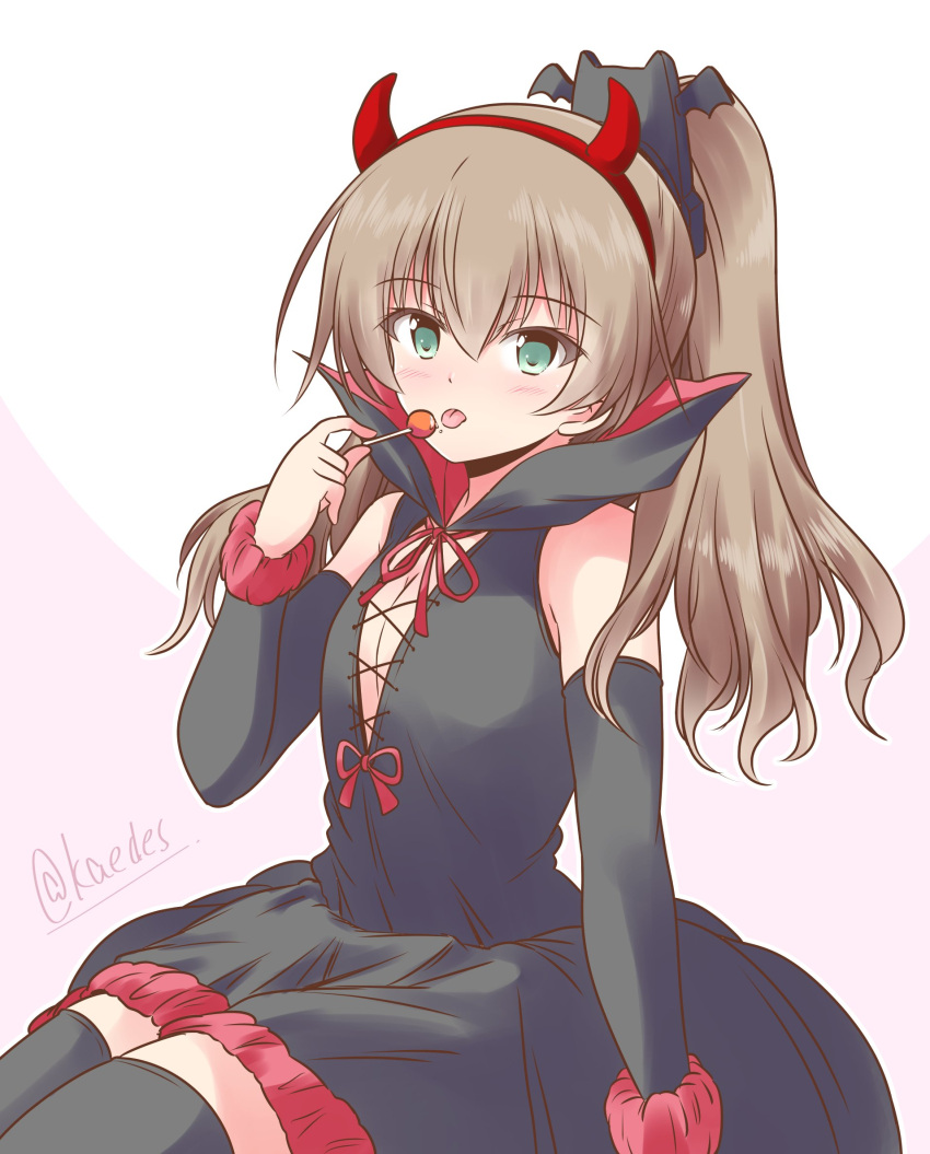 1girl alternate_costume black_dress black_thighhighs blue_eyes bridal_gauntlets brown_hair candy commentary_request cowboy_shot demon_girl demon_horns dress fake_horns food highres horns kantai_collection kumano_(kancolle) lollipop long_hair looking_at_viewer one-hour_drawing_challenge ponytail shizuna_kaede sitting sleeveless sleeveless_dress solo thigh-highs tongue tongue_out