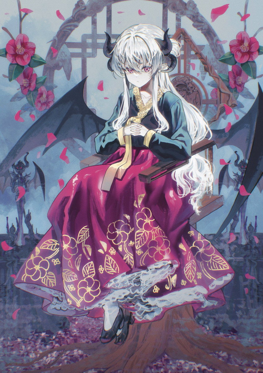 1girl blush closed_mouth demon_girl demon_horns demon_wings dress ellet_j flower highres horns long_hair long_skirt long_sleeves looking_at_viewer original pointy_ears red_eyes ribbon sitting skirt solo traditional_clothes white_hair wings