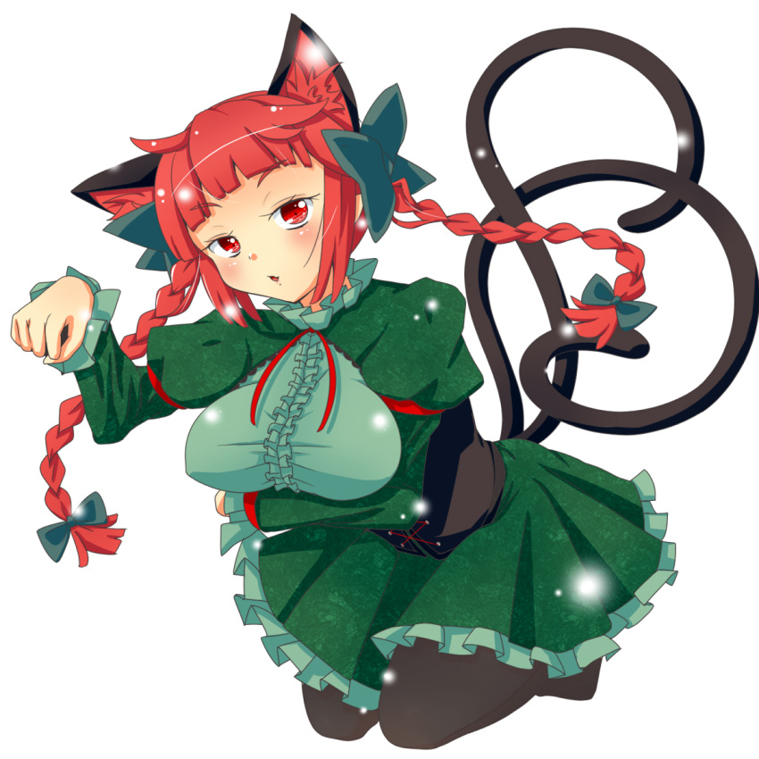 1girl animal_ears bow braid cat_ears cat_tail heart heart_tail highres himenomikan kaenbyou_rin looking_at_viewer multiple_tails nekomata paw_pose red_eyes redhead simple_background solo tail touhou twin_braids white_background