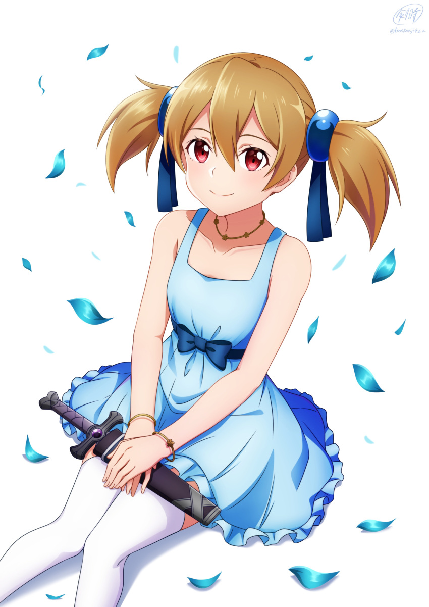1girl bangs bare_arms blue_dress blue_ribbon bracelet brown_hair closed_mouth collarbone dress hair_between_eyes hair_ribbon highres jewelry ken-ji long_hair necklace petals red_eyes ribbon sheath sheathed shiny shiny_hair short_dress silica sitting sleeveless sleeveless_dress smile solo sword_art_online thigh-highs twintails twitter_username weapon white_background white_thighhighs zettai_ryouiki