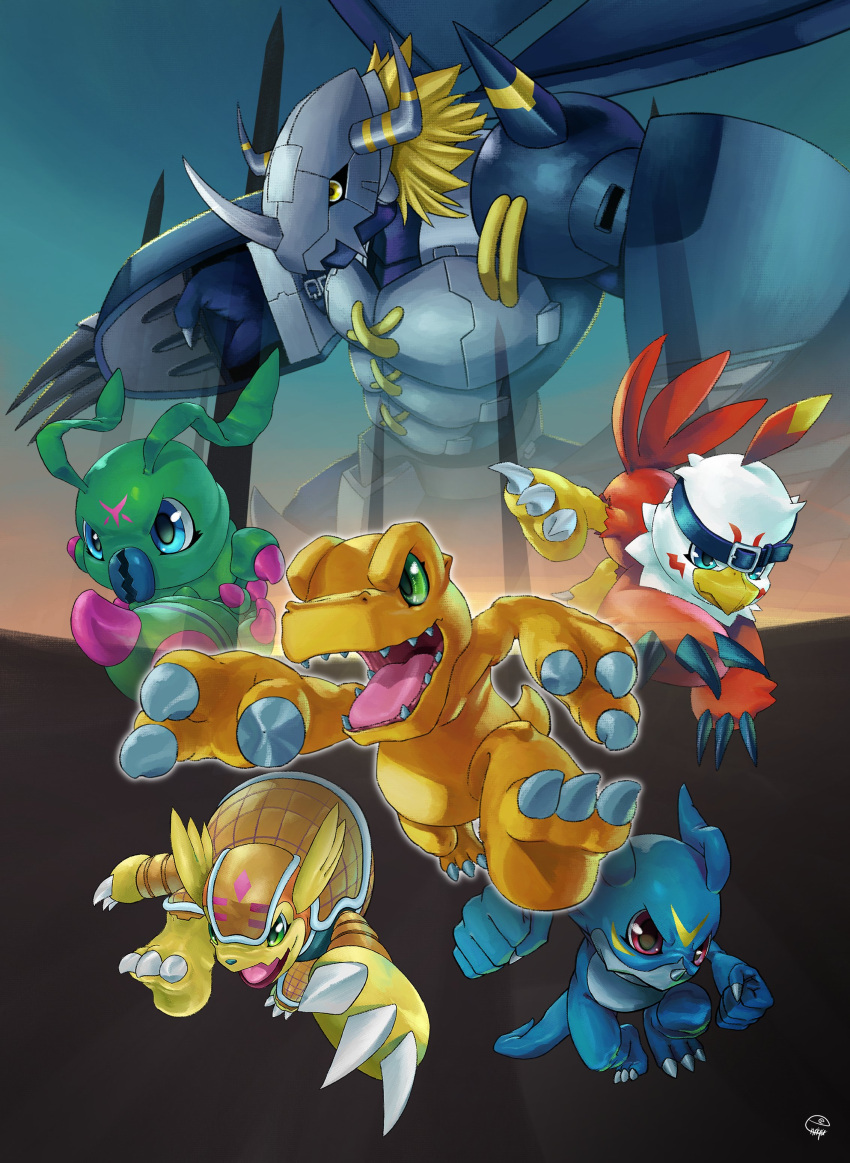 absurdres agumon armadimon blackwargreymon blonde_hair claws clenched_hands closed_mouth digimon digimon_(creature) digimon_adventure_02 enrike_(enrique_mr_blue) hawkmon highres horns no_humans open_mouth pillar sharp_teeth shell short_hair teeth tongue veemon wings wormmon