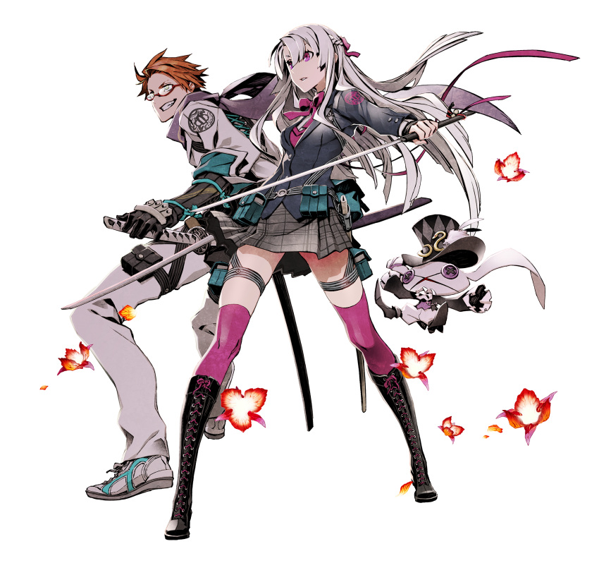 1boy 1girl 7th_dragon_(series) 7th_dragon_iii armor belt_pouch black_footwear black_jacket boots bow bowtie braid button_eyes commentary dual_wielding english_commentary floro_(7th_dragon) full_body grin hair_between_eyes hair_ribbon hat highres holding holding_sword holding_weapon holster jacket japanese_armor katana kote long_hair miwa_shirow multiple_swords nagamimi_(7th_dragon) parted_lips pink_bow pink_bowtie pink_eyes pink_ribbon pink_thighhighs plaid plaid_skirt pouch red-framed_eyewear ribbon samurai_(7th_dragon_series) scarf school_uniform sheath short_hair simple_background skirt sleeves_rolled_up smile stuffed_animal stuffed_bunny stuffed_toy sword thigh-highs thigh_holster thigh_pouch top_hat weapon white_background white_hair yellow_eyes