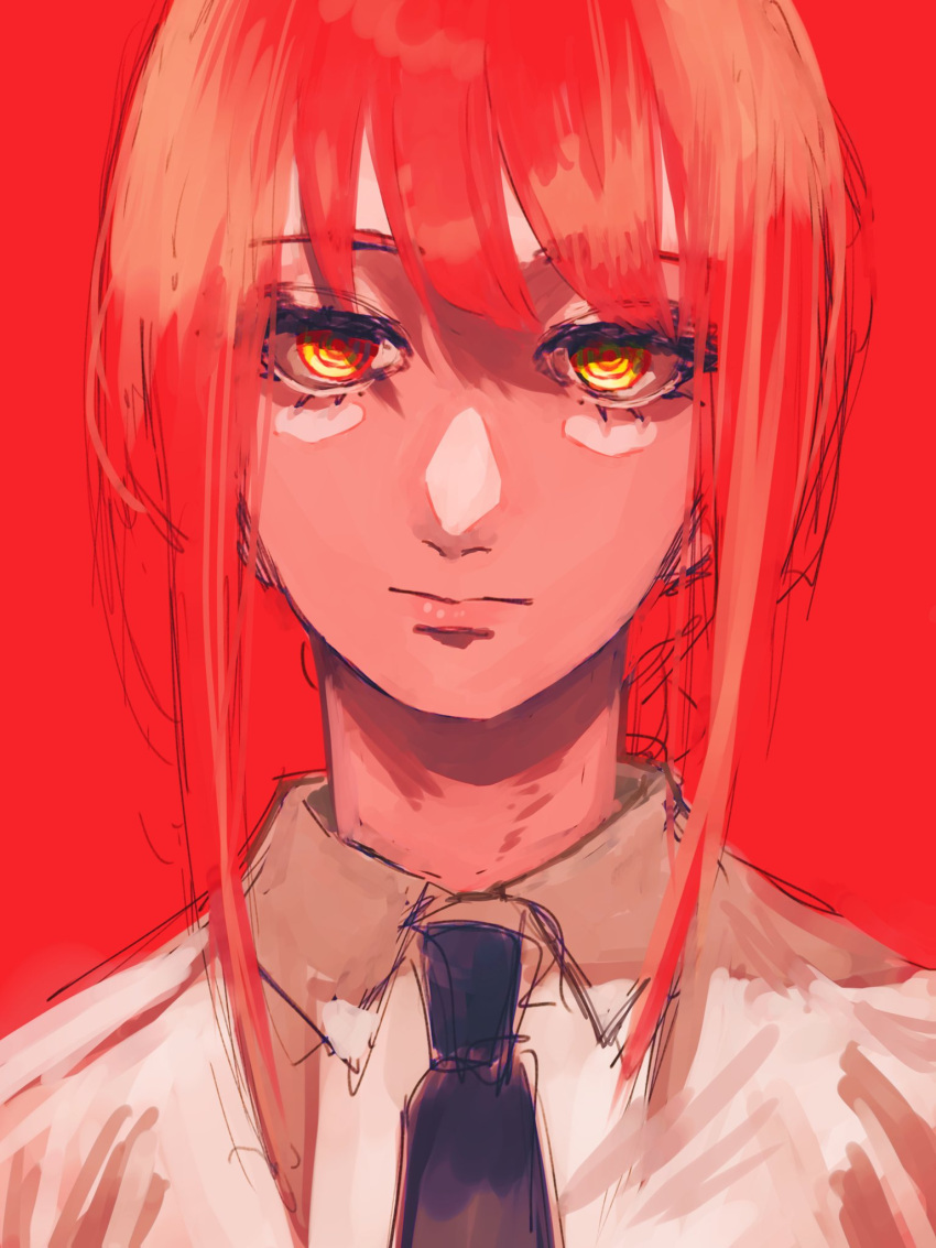 1girl bangs black_necktie blank_eyes blank_stare bonjindaaa bored braid braided_ponytail chainsaw_man collared_shirt highres looking_at_viewer makima_(chainsaw_man) medium_hair necktie ponytail red_background redhead ringed_eyes shirt sidelocks simple_background solo white_shirt