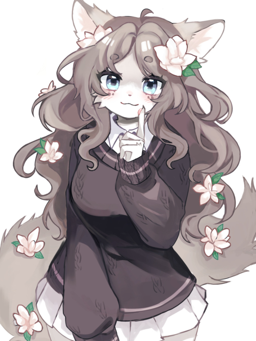 1girl :3 ahoge animal_ears animal_hands animal_nose bangs black_sweater blue_eyes blush body_fur breasts brown_hair claws closed_mouth collared_shirt commentary_request cowboy_shot flower fox_ears fox_girl fox_tail furry furry_female grey_fur hair_flower hair_ornament happy head_tilt highres index_finger_raised korean_commentary large_breasts long_hair long_sleeves looking_at_viewer miniskirt original parted_bangs pawpads pleated_skirt sami_(yaonga797) school_uniform shiny shiny_hair shirt sidelocks simple_background skirt smile solo standing straight-on sweater tail tail_flower tail_ornament two-tone_fur wavy_hair white_background white_flower white_fur white_shirt white_skirt