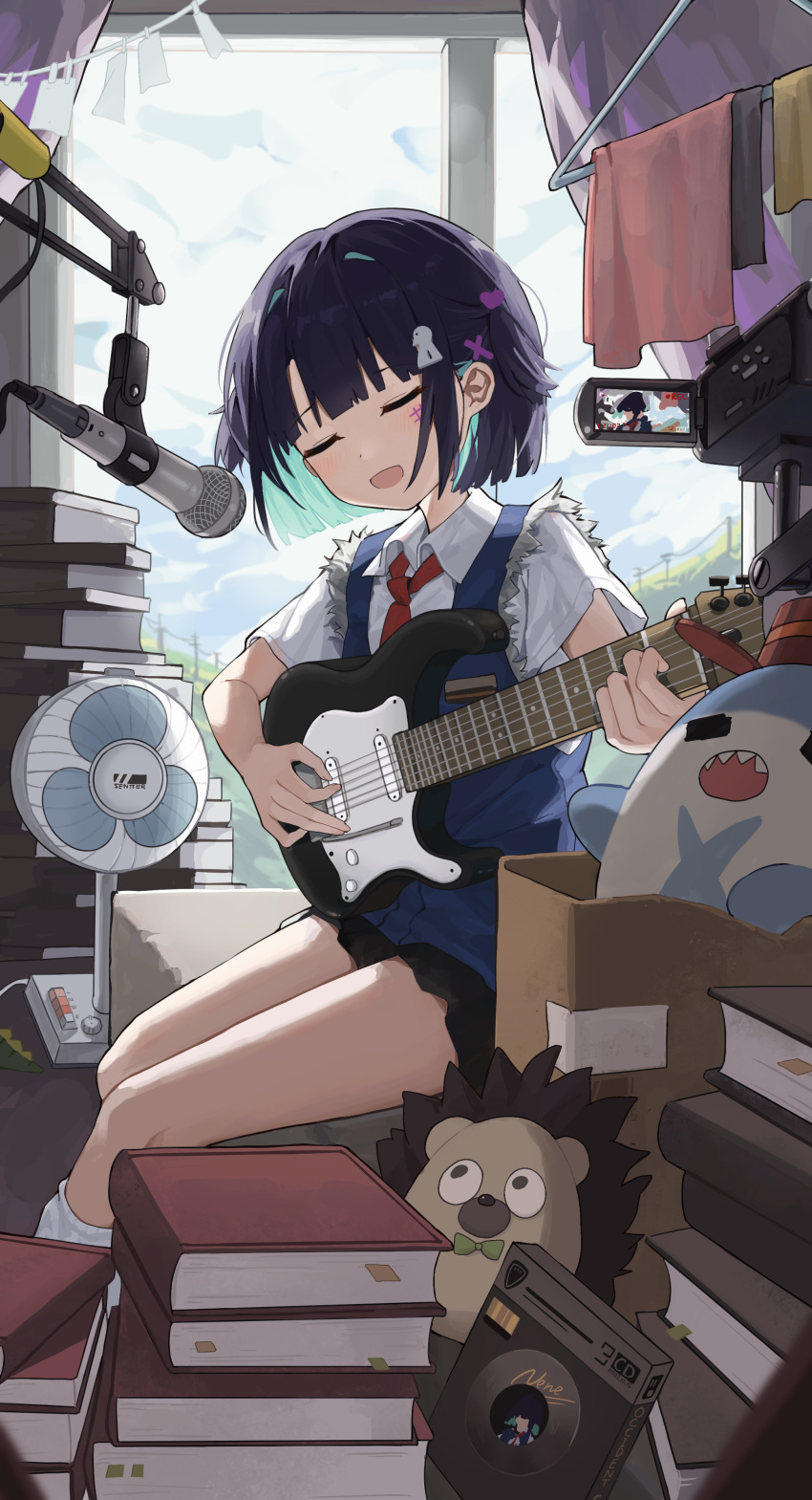 1girl absurdres ascot bangs black_hair blue_vest blunt_bangs character_request closed_eyes clouds cloudy_sky collared_shirt copyright_request day electric_fan guitar highres hill holding holding_instrument indoors instrument microphone music open_mouth red_ascot sentter shirt singing sitting sky smile socks stuffed_animal stuffed_toy vest video_camera virtual_youtuber white_shirt white_socks window