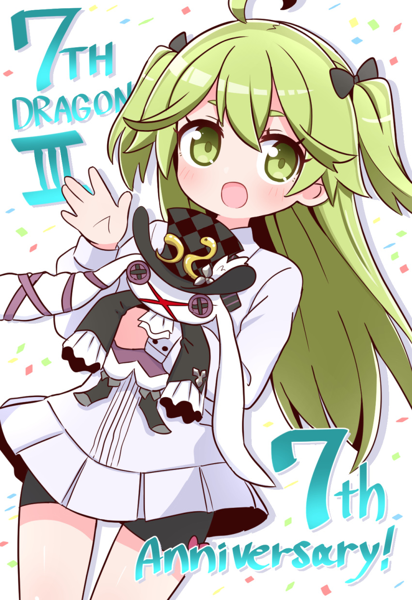 1girl 7th_dragon_(series) 7th_dragon_iii :d ahoge anniversary bangs bike_shorts black_bow black_shorts bow commentary_request confetti copyright_name eyebrows_hidden_by_hair frilled_jacket frills green_eyes green_hair hair_between_eyes hair_bow highres jacket long_hair long_sleeves looking_at_viewer mio_(7th_dragon) multicolored_hair naga_u nagamimi_(7th_dragon) object_hug puffy_long_sleeves puffy_sleeves short_eyebrows short_shorts shorts simple_background smile solo stuffed_animal stuffed_bunny stuffed_toy thick_eyebrows two-tone_hair very_long_hair white_background white_jacket