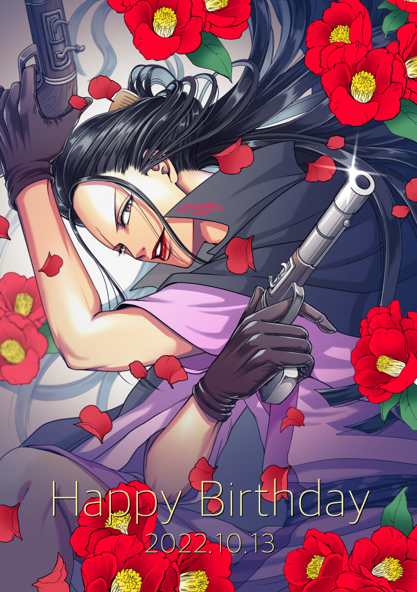 1boy androgynous arm_up black_cape black_hair brown_gloves brown_hair cape collared_cape danbat_miho dated dual_wielding flower gloves gun hand_up handgun high_collar highres holding holding_gun holding_weapon izou_(one_piece) japanese_clothes kimono lips lipstick long_hair looking_at_viewer makeup male_focus mature_male one_piece parted_lips purple_kimono red_flower red_lips shiny shiny_hair solo v-shaped_eyebrows very_long_hair weapon