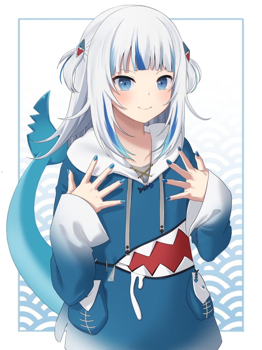 1girl bangs blue_eyes blue_hair blue_nails blunt_bangs border commentary deku_suke fish_tail gawr_gura highres hololive hololive_english long_hair long_sleeves looking_at_viewer multicolored_hair nail_polish shark_tail simple_background smile solo streaked_hair tail two-tone_hair two_side_up upper_body virtual_youtuber white_hair wide_sleeves