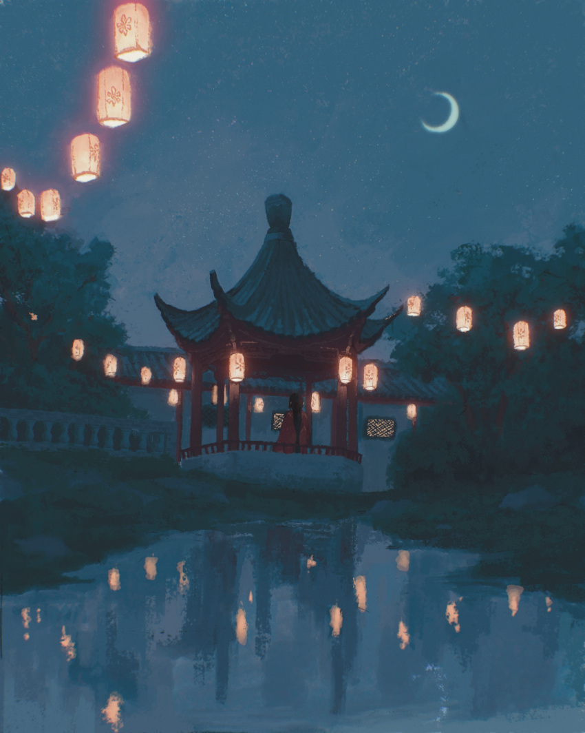 1boy absurdres architecture black_hair building crescent_moon east_asian_architecture facing_away highres lantern long_hair male_focus moon night original outdoors paper_lantern ponytail reflection reflective_water saisho_(qpoujr) scenery solo tree water